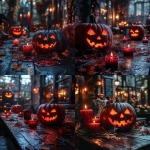 **A realistic photograph featuring a close-up of a dark wooden table surface in the foreground, scattered with melted red candles, dried twigs, and bits of straw. In the background and surrounding areas, moody Halloween-themed decorations such as carved pumpkins with glowing faces, spider webs on brick walls, and dim, flickering lights. The atmosphere is eerie and shadowy, with warm candlelight casting soft glows on nearby textures. A touch of mystery and autumn ambiance fills the scene. --s 550 --v 6.1** - <@437658373576720385> (fast)