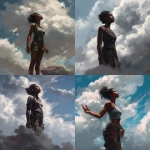 **low angle camera view, a character illustration, a black young muscular woman, thick clouds surrounding her, she is looking to the sky and trying to reach out a female hand in the clouds, craig mullins style --s 250 --v 5.0** - <@942102369683001474> (fast)