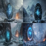 **A colossal medieval shield forged of ancient steel and ice, cracked through the center with glowing blue energy pouring from the fractures. The words "POLAR" and "FAVELA" are engraved across the front in powerful runic letters, shining with frost and arcane light. The shield is embedded deep into a stone pedestal, surrounded by snow, mist, and flying embers. Around it, an epic fantasy battlefield inspired by The Lord of the Rings warriors clashing, banners torn, explosions lighting the snowy valley beneath towering mountains. Blue energy pulses from the runes, illuminating the fog and falling snow. Cinematic lighting, cold blue mixed with warm fire glow, ultra-detailed, photorealistic, dark fantasy tone, high contrast, masterpiece composition, volumetric fog, 8K render --ar 299:131 --v 6.0 --chaos 9 --raw** - <@593994185737240592> (fast)