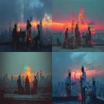 **Harlem Renaissance glitch art tribute: rooftop jazz trio at dusk, instruments glowing through corrupted digital overlays, broken signal waves fragmenting the city skyline, visual harmony through dissonance. Cinematic glitch effect, symbolic modern tribute --ar 16:9 --stylize 200 --v 7.0 --raw** - <@933216386669506640> (relaxed)