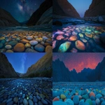 **illuminated river stones at night beneath the manifold mosaic murmurationism duration through the rock mountains under a night sky --ar 16:9 --personalize nl7lyv9 --v 6.0** - <@1146047051570876487> (fast)