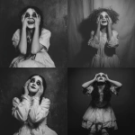 **a black and white photo-realism of a young girl, in ragged white dress, and heavy, dark makeup. she i. she is looking upwards, with her fingers in her eye sockets and grinning. eerie, unsettling.** - <@376196082390138880> (fast)