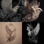 **fineline design of a bird in the style of tattoo artist zihwa, microrealistic details, wings outstretched, head looking towards to the side, background in the style of tattoo artist oscar akermo, modern aesthetic, artistic and expensive vibes, intricate and complicated details, feminine, ultra high definition** - <@241887161421529090> (fast)