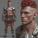**Character design sheet. Realistic 3d rendering. Character design sheet of a ruggedly handsome, Hyper muscular handsome half orc, bodybuilder, bright silver eyes, short curly red Mohawk, short pointed ears, defined muscles, Huge leg muscles, huge pectoral muscles, big arm muscles, vascular hyper muscular, wide Grecian nose, strong square jaw, defined cheek bones, masculine features, freckles, Bodybuilder, short pointed ears, wearing Roman gladiator armor.** - Image #2 <@1222981214734913607>