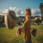 **Image from slightly above eye level: a 10-year-old boy wearing blue shorts and an ochre t-shirt stands on a lush green park lawn, mid-action as he throws a baseball directly toward the viewer. A baseball glove is on his hand, and the ball floats mid-air above him. He is looking directly at the camera. Natural sunlight with soft shadows illuminates the scene. The background features a clear blue summer sky, distant trees, and buildings along the horizon. Full-body view, professional color grading, clean sharp focus, no grain, cinematic quality. Shot with a Sony Alpha A7 III and Zeiss ultra-macro lens, f/2.8 aperture, high resolution:: --aspect 16:9 --s 250** - Image #2 <@1220830039520841890>