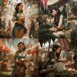 **a dark-haired female elf cleric of life, dresses like a rustic rural hippie, out eating food from food-carts in a fesitval, joyous carnival atmosphere, D&D fantasy art magazine cover** - <@758604467146588180> (fast)