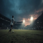 **Over shoulder higher angle view in the back of a soccer player with number 8 running towards the goal, the ball in front of him. The goal is visible in the distance during a night summer match with beautiful weather and a vivid sunset sky. The stadium is brightly lit. Ultra-high resolution. --ar 16:9 --v 7.0 --p 1dpxt9m** - Upscaled by <@1164481202535792724> (fast)