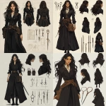 **A character design sheet of a woman in dark fantasy style by jack vettriano, featuring a dark long haired academy student inspired by lord of the rings, she has a belt with scissors and an alchemy bag with costume inspired by harlequin** - Remix (Strong) by <@253178224090021890> (fast)