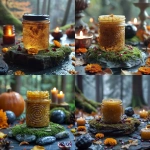 **A 2 oz amber salve jar on a moss-covered stone altar. Surrounding it are carved Celtic spirals, pomegranate seeds, marigold petals, and a black obsidian sphere. A mist rises from the autumn forest behind, with faint ghostly silhouettes symbolizing death and rebirth. Rich earthy tones, candlelight glow, mystical, no text. --v 6.0 --s 750** - <@1090630909448949831> (fast)
