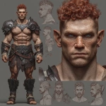 **Character design sheet. Realistic 3d rendering. Character design sheet of a ruggedly handsome, Hyper muscular handsome half orc, bodybuilder, bright silver eyes, short curly red Mohawk, short pointed ears, defined muscles, Huge leg muscles, huge pectoral muscles, big arm muscles, vascular hyper muscular, wide Grecian nose, strong square jaw, defined cheek bones, masculine features, freckles, Bodybuilder, short pointed ears, wearing Roman gladiator armor. --v 7.0** - Image #1 <@1222981214734913607>