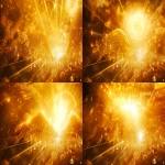 **Divine golden light rays descending from heaven onto floating elemental symbols (fire flame, water droplet, air swirl, earth crystal), angelic wings in background, warm amber and gold color palette, hyper-realistic spiritual energy, cinematic photography --v 6.0 --ar 79:59** - Pan Up by <@900787127892180992> (relaxed)