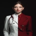 **Photorealistic portrait of a young woman standing front-facing, split symmetrically in half vertically. Left side: medical doctor wearing a white lab coat and stethoscope, calm and professional expression. Right side: high-end businesswoman outfit, an ultra-elegant red tailored suit with sharp lines, premium fabric, confident corporate posture, subtle luxury accessories. Perfect seamless split between the two halves, dramatic studio lighting, dark background, ultra-detailed textures, high-definition 4K realism, strong visual contrast between the two identities --ar 3:4 --raw** - Image #4 <@525310115033645076>