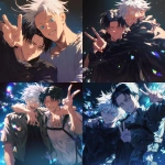 **Still taken shot from anime episode - Levi Ackerman from Attack on Titan and Satoru Gojo from Jujutsu Kaisen. Gojo has white hair, his arm around Levi's shoulder and is posing with a big smile and making a peace sign, Levi has black hair, has his arms crossed and looks slightly annoyed against a black background with sparkles in the art style of attack on titan anime. Friendship-style pose, Anime TV art style, attack on titan, jujutsu Kaisen. Uniform details, beautiful lighting, anime art, manga --niji 6** - <@774763495555072010> (fast)