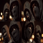 **2 St. Louis Based black Rappers, wearing all black, black masks and hoods, gloves, up close and personal 8k professional photography shoot for an album cover, low light night time dynamic and cinematic --ar 16:9 --v 7.0 --raw** - Variations (Strong) by <@1060379121521279086> (fast)