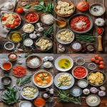 **Flat lay of fresh and simple ingredients for creamy tomato tortellini soup: diced onion, garlic cloves, fresh rosemary, basil leaves, canned diced tomatoes, tomato sauce, chicken stock, heavy cream, three-cheese tortellini, shredded parmesan cheese, olive oil, salt, pepper, all arranged on a rustic wooden countertop with warm natural light --v 6.0 --ar 4:5 --raw** - <@1321895242076520463> (fast)