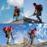 **a man blowing off a roof with a backpack blower and wearing a red shirt and a roofing tool belt --v 7.0** - <@1239487485965504543> (fast)