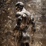 **full body ripped robotic masculine man / with exoskeleton made of forged aluminum / anodized in a stunning finish of refined silver / electrifying / great and terrible beauty / background depicts ornate complex lattice patterns of beauty and wonder / full length view --no borders, frames, grids, split screens, tiles, women, girls, females** - Image #2 <@1080572898269466724>