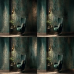 **Dark green and gold vintage wallpaper with a metallic sheen, intricate patterns, and a luxurious feel, set in a dark room. An elegant armchair and coffee table sit in front of the wall, with soft lighting casting gentle shadows on the textured surface. --ar 2:1** - Pan Right by <@1313000520759377972> (fast)