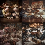 **Ultra HD full body portrai photo of two businessmen cows sitting at a table at a bar, dressed in mafia clothing, wearing crowns with lots of gems on the crown, wearing sunglasses, wearing expensive dior scarves, wearing flashy watch and bling bling. the two cows are at a party and are holding their arm out with drinks in their hands doing a cheers motion to celebrate. background is decorated with a royal theme. taken with a cannon eos, hyperrealistic, natural lighting --ar 2:3 --raw** - <@1103975769467789322> (relaxed)
-# Create, explore, and organize on [midjourney.com](<https://midjourney.com/imagine?from_discord=1>)