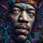 **Jimi Hendrix with eyes made of chameleon skin, surrounded by colorful psychedelic patterns and symbols, in the style of James Rink, a fusion between Ed Roth's Dada art and David Trubridge. --s 250 --v 7.0 --p wtnwbwi** - Upscaled by <@1067908663542546473> (relaxed)