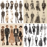 **Modern Fashion Illustration sketch of various people in different eras or decades of dress... want to see flapper girl,,, 80s rock band dress... 50s greaser leather jacket vibe... victorian dress...** - <@1069797133110214726> (fast)