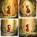**A soft watercolor illustration of a young girl named Marichka, walking curiously into a magical forest. She is about 6 years old, with shoulder-length chestnut brown hair tucked behind her ears, wearing a red knee-length dress, brown leather shoes, and white socks. She carries a small satchel over one shoulder. The forest is bathed in warm golden light, with tall mossy trees, glowing fireflies, and a few mushrooms near her feet. A red squirrel peeks from behind a tree. The scene should feel gentle, enchanting, and childlike. Keep Marichka’s appearance consistent for use in all future illustrations. --v 7.0** - <@930035377408987136> (fast)