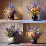 **A bouquet of Texan wildflowers in a glossy vase, a warm, light color scheme for the background, in the style of Ilya Repin's painting, with lilac shadows and bluebonnets.** - <@397396364566462464> (fast)