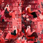 **an abstract illustration of a female with dark blonde hair wearing headphones, sitting in a reading nook with a pink and red aesthetic surrounded by bookshelves and sitting in a chair reading a book** - Variations (Strong) by <@387852951244374018> (fast)