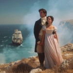**photograph type picture of a gorgeously handsome man with dark hair and blue eyes dressed in Regency era clothing. He is standing on a cliff top with a beautiful woman also wearing Regency era clothing - empire line dress with high waist. They are holding hands and watching a sailing ship of the type like HMS Victory. It is sunny. They are happy --v 7.0** - Upscaled by <@1160482508425658468> (fast)