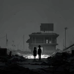 **An evocative and minimalist digital artwork, medium shot, rendered in a dark, monochromatic style consistent with previous designs. The composition prominently features a partially destroyed school building, with distinct architectural elements like classrooms, visible blackboards or educational posters, and perhaps a damaged school sign or playground equipment clearly identifiable in the background. In the foreground, two young, silhouetted figures, seen from behind, navigate through scattered rubble and debris, implying their presence within the converted shelter. The sky above is a uniform dark tone, emphasizing the bleakness of the scene. The figures appear small and vulnerable against the backdrop of the ruined educational institution, highlighting the profound impact of conflict on children and the repurposing of vital community spaces. The overall mood is somber and reflective, conveying the disruption of learning and the precariousness of refuge, presented with a stark and uncluttered visual approach --v 7.0** - Upscaled by <@1032195406119043132> (fast)