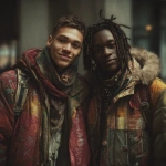 **two handsome young men are smiling in an ultra-realistic photo style. one has short brown hair, while the other has african american dreadlocks. both are wearing colorful winter jackets on a city street. the first man is holding his arm around another person's shoulder. --ar 127:128 --v 7.0 --p 7t8d38w** - Image #1 <@995751013732581408>