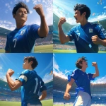 **Young Japanese male soccer player standing boldly on a green soccer field, wearing a plain solid blue soccer jersey with a single white back number, no logos or brands, clenching his fist with determination, modern stadium filled with cheering fans, bright natural daylight between morning and noon shining on the field, dynamic wind gently moving his hair and jersey, intense and brave expression on his face, cinematic atmosphere, realistic style, wide shot, no goalposts, no teammates, focus on the player’s strong stance and confident gaze --niji 6** - <@1212945075831836692> (relaxed)