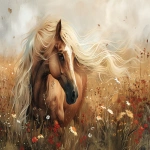 **soft painterly style of a beautiful brown horse with a blonde long flowing mane, walking in wildflowers, style of amylyn bihrle, --ar 3:2 --v 6.0** - Upscaled (Subtle) by <@1007112656773189665> (relaxed)