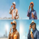 **worker standing outdoors, holding a bottle of sunscreen, applying cream to face, wearing protective hat and sunglasses, sunny day with clear sky, outdoor work environment visible in background, bright daylight, photorealistic style, warm and vibrant color palette, sharp details --ar 16:9 --v 7.0 --q 2 --s 50 --p puravvo --raw** - <@908777820459794493> (fast)