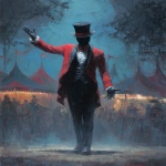 **a carnival ring master wearing a red vest and black suit with no face under his black top hat is welcoming you with his right arm to the creepy weird Lovecraftian carnival, as a front page art piece painting, --ar 8:11** - Image #1 <@1035886146422583346>