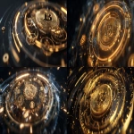 **A digital cinematic artwork showing a rotating golden mechanism with Bitcoin symbols, gears made of light and data moving in perfect synchronization, representing the precise cycle of Bitcoin Halving, futuristic style, dark background with glowing golden highlights, ultra realistic, no text --ar 52:21 --v 7.0 --q 2 --raw** - <@1368920605650583723> (fast)