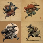 **male goliath monk, wearing a cloak and wizard hat, running, in old japanese art style** - <@324026080451100683> (fast)