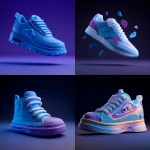 **Minimalistic funny cheerful cute 3d sneaker from the outside. Smooth plastic textures. Pure colors, realistic textures. Dark background without shadows. Blue and purple shades. Studio lighting. Clay. Bright colors. Light wind --v 7.0** - <@1344601249827258441> (relaxed)