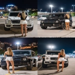 **a blonde girl with long hair is standing next to her mercedes-benz g-class, taking photos of the car's front end, showing off its hood sticker and body kit, wearing white shorts, a black top, and high heels. the photo was taken from behind at night, with bright lights shining on it. it has an ultra-high resolution and is super realistic in appearance. --ar 45:64 --v 7.0 --p uhaa3kn** - <@1259439584010309703> (fast, stealth)