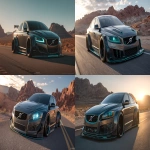 **ultra-realistic concept of a heavily modified Volvo S80 2010 in the style of Motomuzi, wide body aerodynamic kit, lowered suspension, aggressive front bumper with futuristic LED headlight redesign, large air intakes, carbon fiber hood and side skirts, gloss graphite paint with metallic teal accents, deep concave forged wheels, racing tires, LED underglow, minimal chrome, blacked-out windows, extended rear diffuser with quad exhaust tips, brutal luxury design fusion, concept car style, photographed on desert road at golden hour, cinematic shadows, hyper-realistic materials and lighting, centered frame, 50mm lens, --v 7.0 --ar 16:9 --raw** - <@1391625263430762497> (fast)
