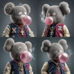 **A kaws style Teddy bear wearing a varsity jacket and blowing a bubble with chewing gum. The bear should also be wearing a chain necklace with a cross.** - Variations (Strong) by <@925555162267922472> (fast)