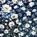 **a seamless pattern of white floral designs on a blue background, with a vintage feel inspired by the aesthetics and techniques of mid-20th-century textile printing, suitable for interior wallpaper or fabric design. the flowers should be stylized and delicate in pastel shades against a deep sky-blue backdrop, creating an elegant and timeless look that would fit well into various home interiors. --v 5.2** - <@1252239472981049410> (fast)
