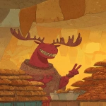 **a cartoonish red-skinned, boho-style reindeer with large, exaggerated teeth and antlers, grinning at the camera while making peace signs inside an underground market where stalls overflow with croissants, pain au chocolat, and golden flaky pastries, background glowing in warm buttery yellow hues, the reindeer’s skin rendered with detailed textured layers reminiscent of pastry crust, in the style of robert crumb, viennoiserie aesthetic --ar 85:128 --v 7.0 --p mwpi95x** - Image #2 <@451473582770618389>
