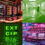 **a surreal endless fluorescent corridor that folds in on itself, office hallways merging into hotel lobbies, flooded with mirror-smooth reflective water, glowing EXIT signs floating midair, impossible staircases looping upside down, fog-filled empty rooms visible through open doors, vending machines emitting static light, faint reflections of unseen people on glossy walls, eerie symmetry, dreamlike volumetric haze, reality bending and collapsing, cinematic lighting, ultrarealistic textures, analog horror vibe, uncanny calm atmosphere, hyper-detailed architecture, Escher-like geometry, reflections behaving wrong, photo-real, long exposure glow, 35mm lens, --ar 9:16 --chaos 60 --v 6.0 --raw** - <@692146423638261810> (relaxed)