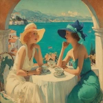 **<https://s.mj.run/kpWIqgf0c1A> pochoir illustration, hand-stencilled color, art deco fashion plate of two elegant women sharing afternoon tea on a sunlit terrace overlooking the Mediterranean, French Riviera, early 20th-century elegance, Pastel colors, planar composition, compressed depth, wide-brim straw hats with ribbons, provocative flowing dresses, intimate feminine friendship, relaxed posture, gossip, porcelain teacups and floral bouquet on a white tablecloth, turquoise sea with a small boat in the distance, arched terrace framing the view, late afternoon light, dreamy atmosphere, romantic, calm, aspirational lifestyle, timeless femininity, gentle color harmony, interior-design friendly, nostalgic yet modern, Pastel colors --ar 5:4 --stylize 200 --chaos 15 --v 7.0 --iw 0.5 --no orange dress** - Image #1 <@988364629556199494>