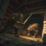 **in a Dungeons and Dragons art style, a scared goblin with a sword fighting a filthy vicious big black rat, inside an old wooden hag's hut, scary, gross --v 7.0** - Image #3 <@478047972412620803>