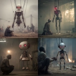 **ultra realistic, 8k, of a robot made to look like a porcelain doll, hanging by wires from the torso, eyes red, wires and circuits showing, no legs. The robot hovers suspended by wires. The atmosphere is dark and smokey. It hangs above a man dressed in rags, the old man is indigenous, he kneels on his knees while wires hold his arms down. The background can faintly be seen, it looks like an old 50’s cafe discarded and weathered.** - <@921849585255714827> (fast)