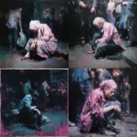 **A fast, strongly colored painting, heavily in tones of pink, white, purple-blue and black, Paris streets, Victorian era, focusing on an old beggar woman, shabby, sad, dirty, begging on the street, sitting, people around her, in a full-screen shot, dark atmosphere. Painted by Jenny Saville** - <@1106776019475636345> (fast)