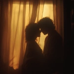 **A romantic couple sharing an intimate moment behind soft golden curtains, warmly lit by a cozy floor lamp, wrapped together in a blanket, silhouetted gently, dreamy and tender atmosphere, early morning or twilight glow, peaceful indoor setting, shallow depth of field, cinematic lighting, vintage color grading, 35mm film style, subtle grain, emotional storytelling, soft focus, style cinematic** - Image #3 <@1331627685406965792>