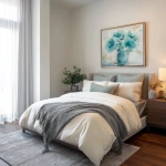 **interior design of a model unit showing the GUEST BEDROOM in french country style. walnut wood floor. french style bed with white beddings. sheer white curtains. artwork with teal still life painting, modern gray area rug,** - Image #4 <@1231814052913877045>